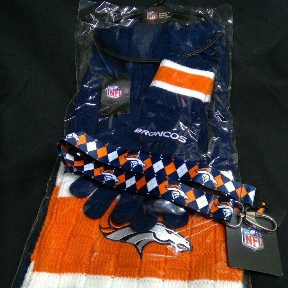 NFL Bundle 3 pcs Denver BRONCOS Knit Scarf & Gloves Set + Lanyard Key Holder NEW - Picture 1 of 7
